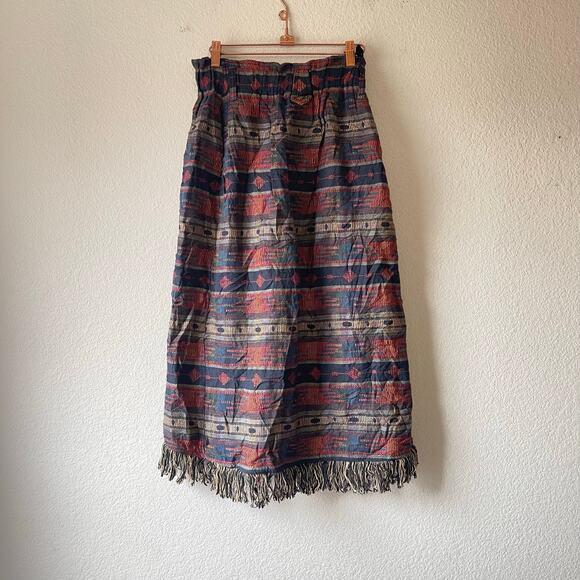 Vintage 80s Southwestern Aztec Fringe Midi Skirt Size Small - Picture 3 of 8